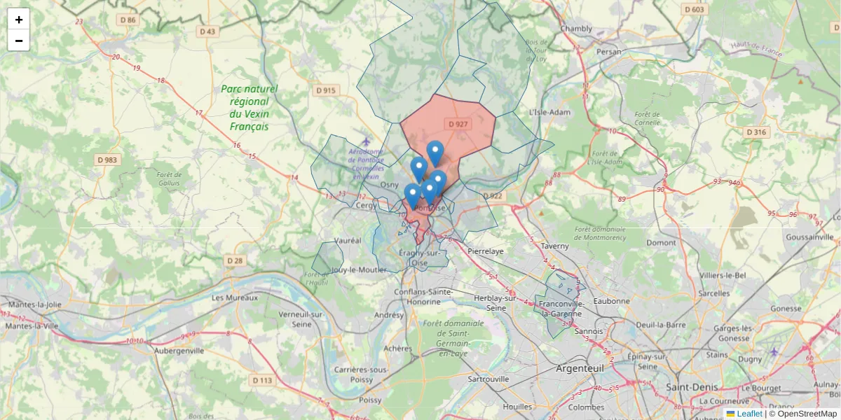 Carte de la zone du code postal  et des codes postaux voisins en France