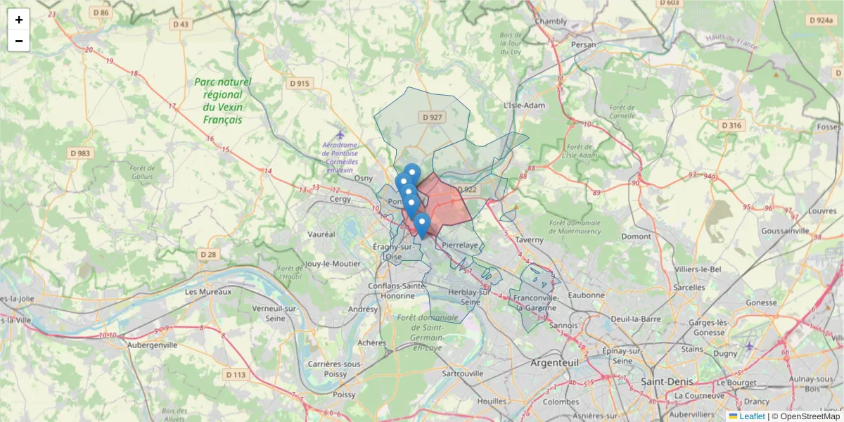 Carte de la zone du code postal  et des codes postaux voisins en France