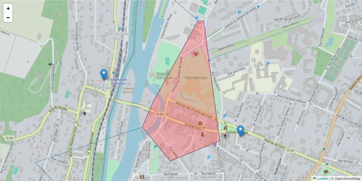 Carte de la zone du code postal  et des codes postaux voisins en France