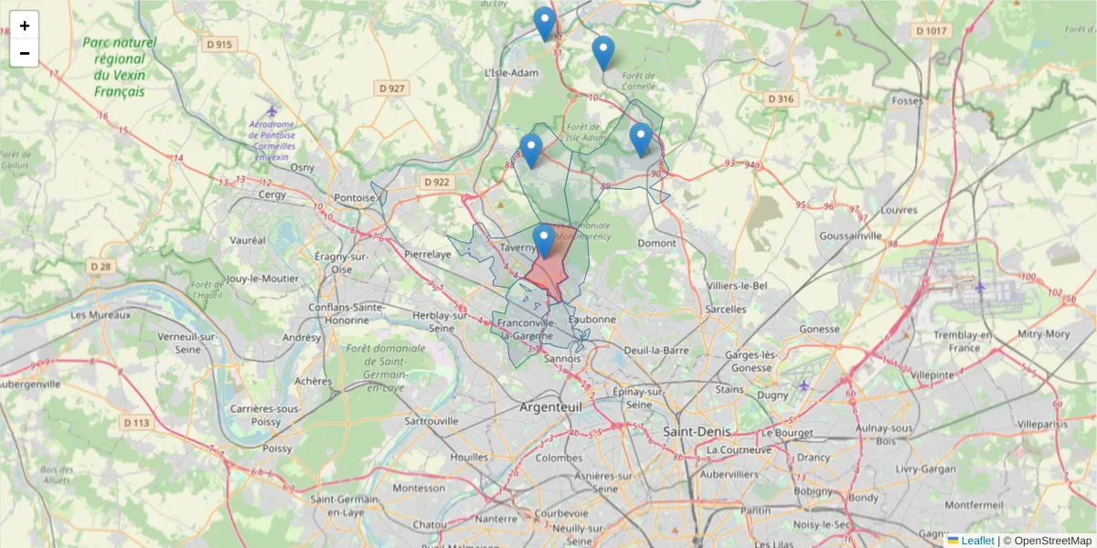 Carte de la zone du code postal  et des codes postaux voisins en France