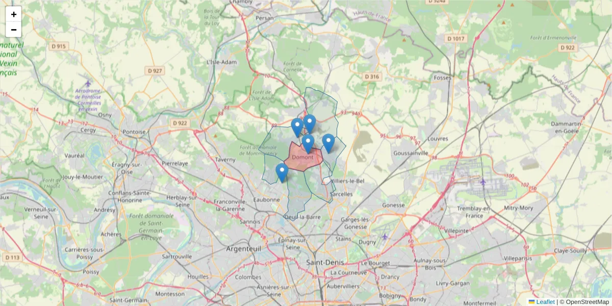 Carte de la zone du code postal  et des codes postaux voisins en France
