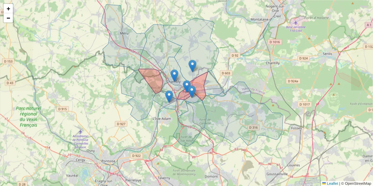 Carte de la zone du code postal  et des codes postaux voisins en France