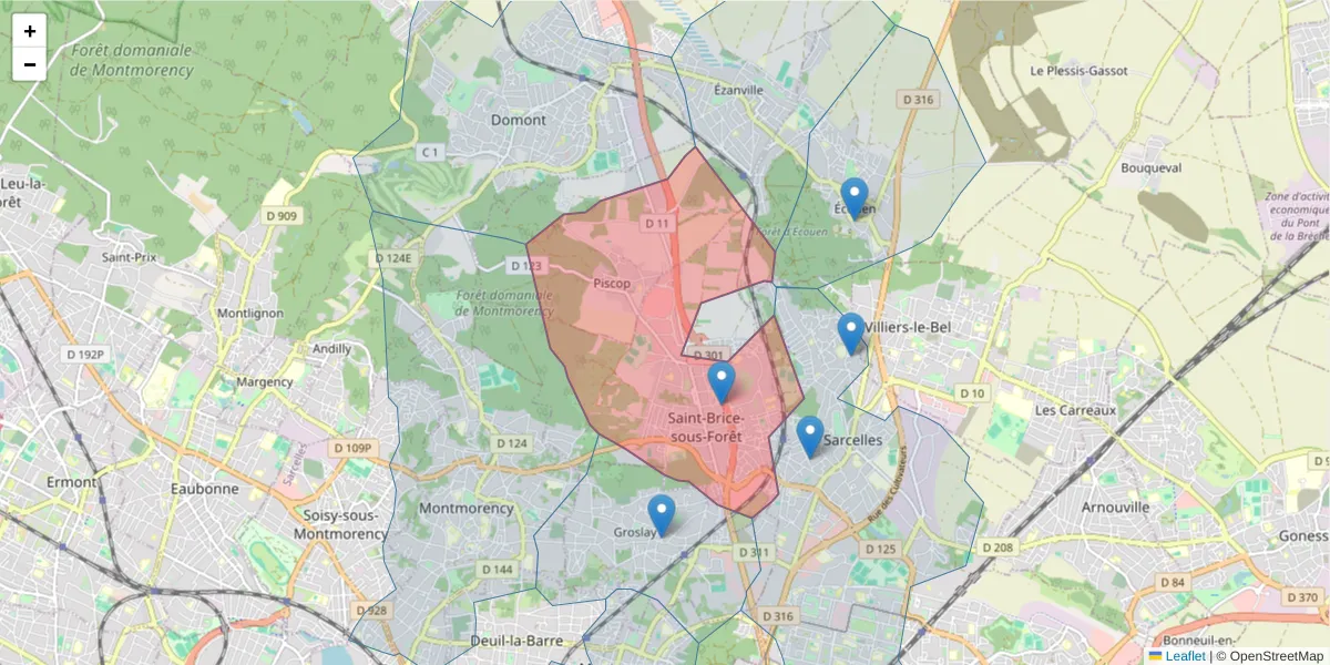Carte de la zone du code postal  et des codes postaux voisins en France