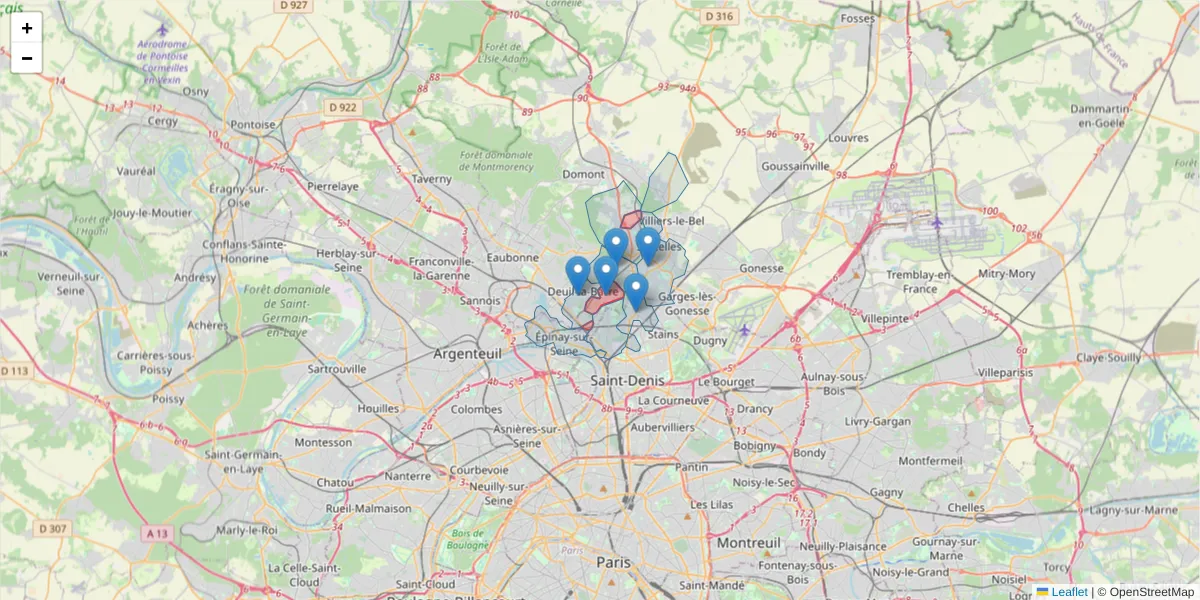 Carte de la zone du code postal  et des codes postaux voisins en France