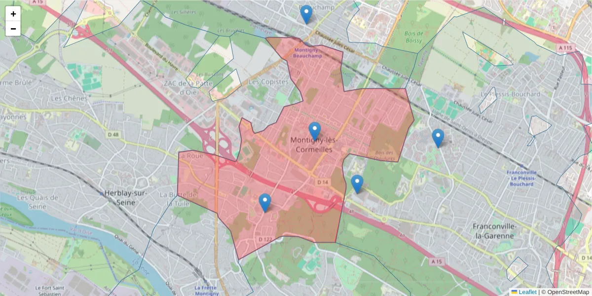 Carte de la zone du code postal  et des codes postaux voisins en France