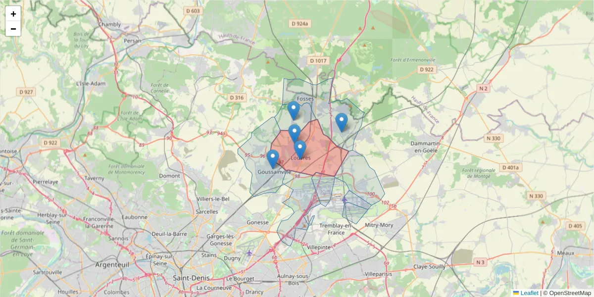 Carte de la zone du code postal  et des codes postaux voisins en France
