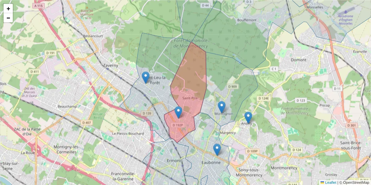 Carte de la zone du code postal  et des codes postaux voisins en France