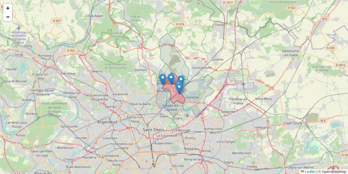 Carte de la zone du code postal  et des codes postaux voisins en France