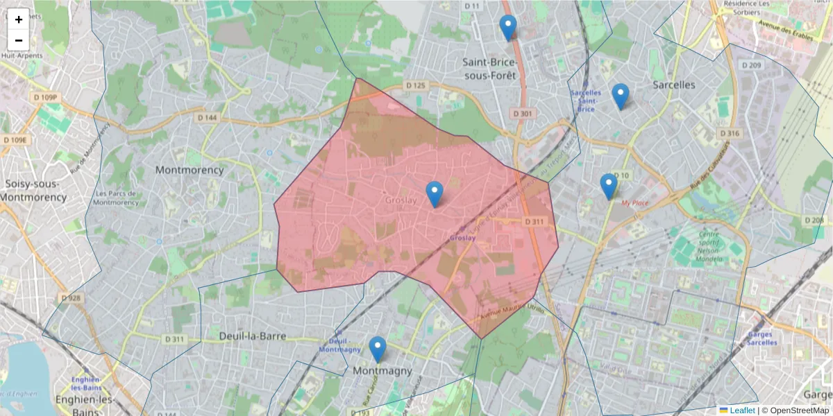 Carte de la zone du code postal  et des codes postaux voisins en France