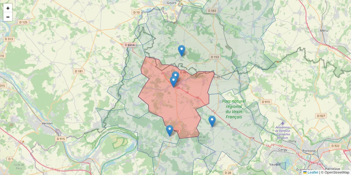 Carte de la zone du code postal  et des codes postaux voisins en France