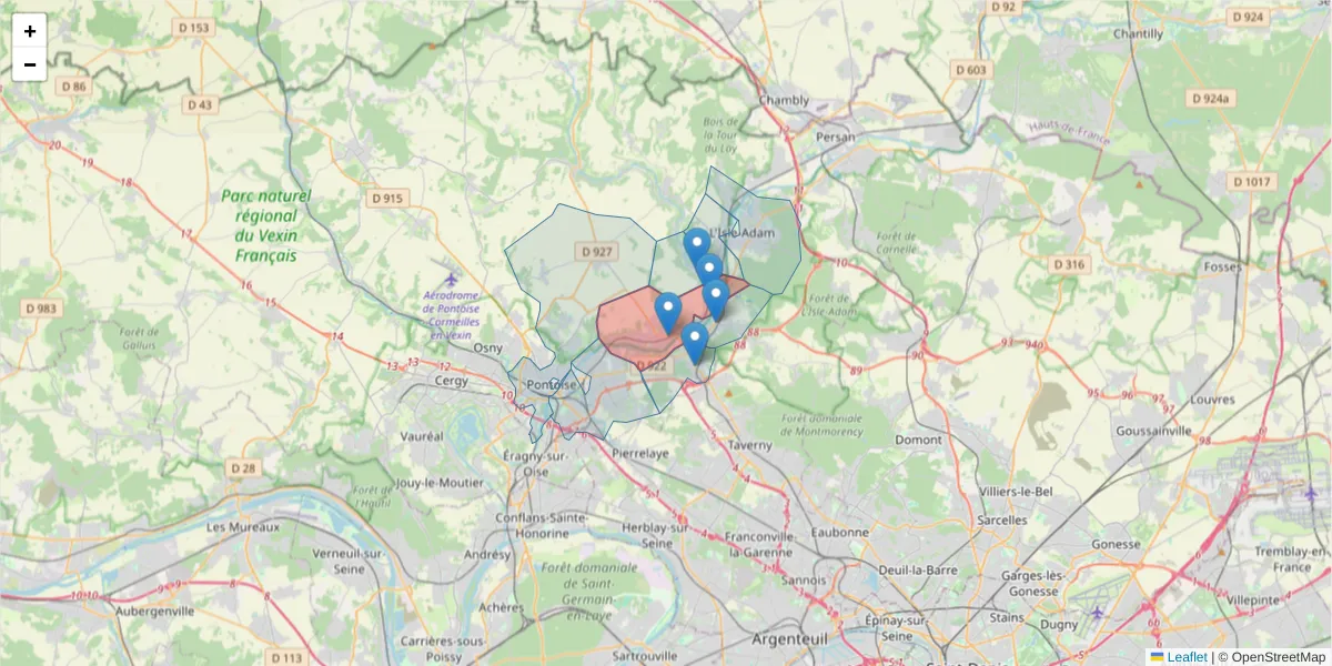 Carte de la zone du code postal  et des codes postaux voisins en France