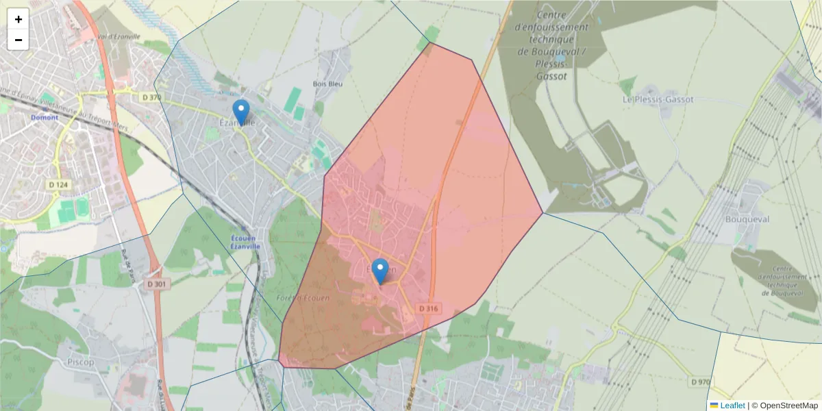 Carte de la zone du code postal  et des codes postaux voisins en France