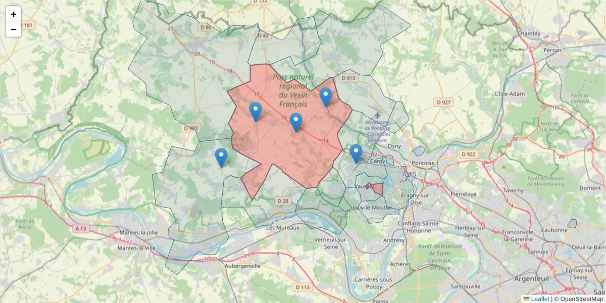 Carte de la zone du code postal  et des codes postaux voisins en France