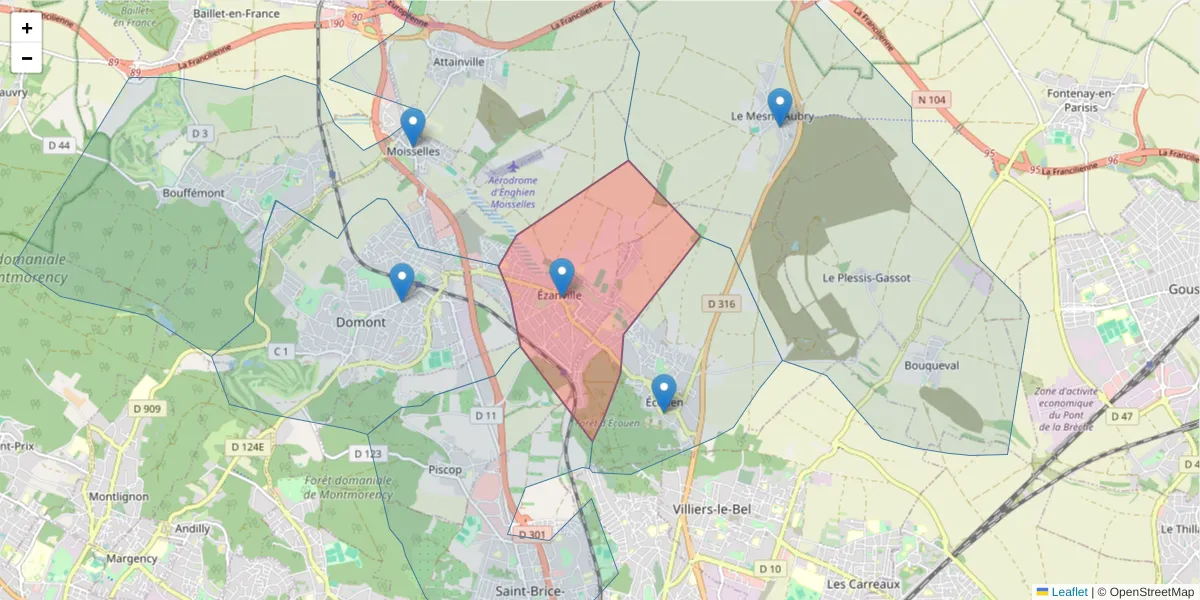Carte de la zone du code postal  et des codes postaux voisins en France
