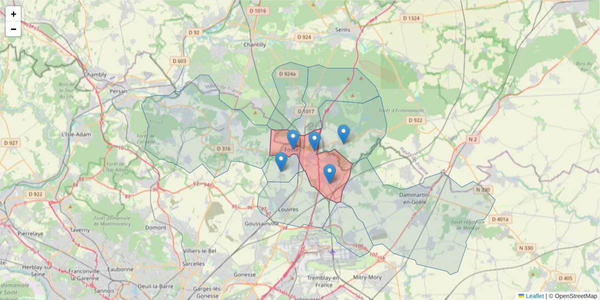 Carte de la zone du code postal  et des codes postaux voisins en France