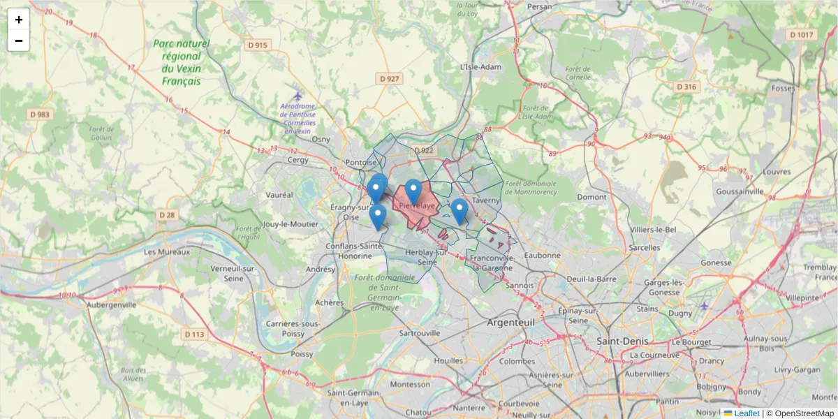 Carte de la zone du code postal  et des codes postaux voisins en France