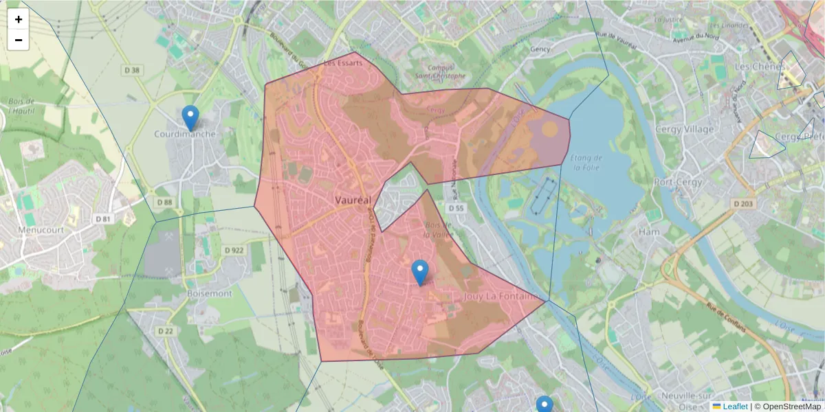 Carte de la zone du code postal  et des codes postaux voisins en France