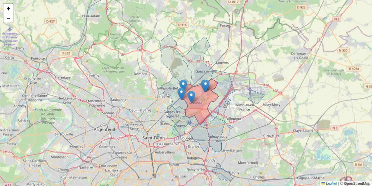 Carte de la zone du code postal  et des codes postaux voisins en France