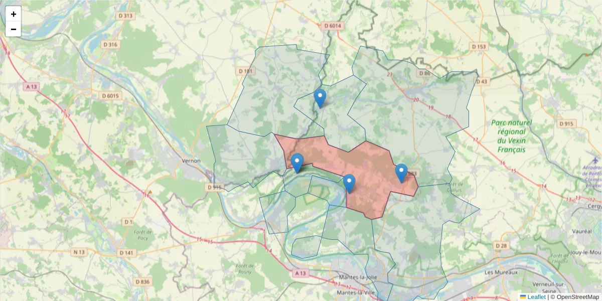 Carte de la zone du code postal  et des codes postaux voisins en France