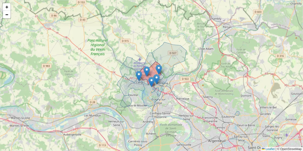 Carte de la zone du code postal  et des codes postaux voisins en France