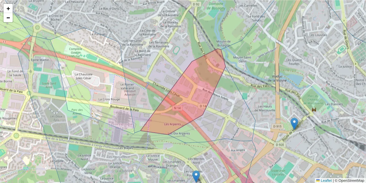 Carte de la zone du code postal  et des codes postaux voisins en France