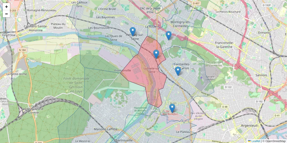 Carte de la zone du code postal  et des codes postaux voisins en France