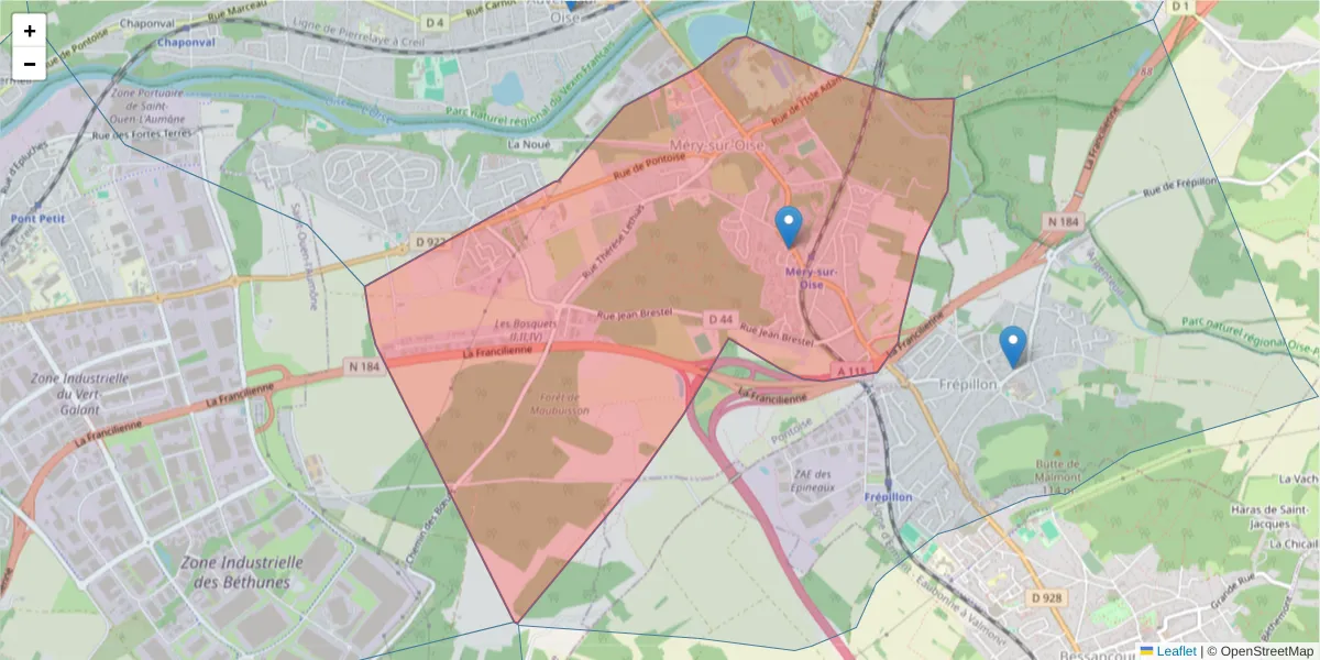 Carte de la zone du code postal  et des codes postaux voisins en France