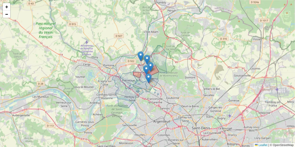 Carte de la zone du code postal  et des codes postaux voisins en France