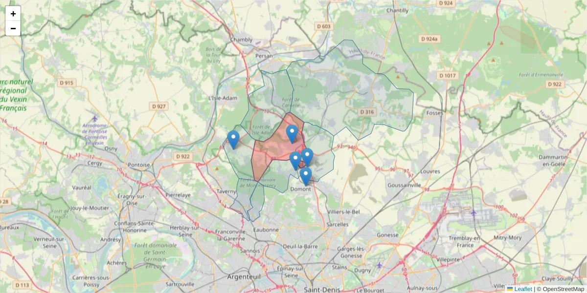 Carte de la zone du code postal  et des codes postaux voisins en France
