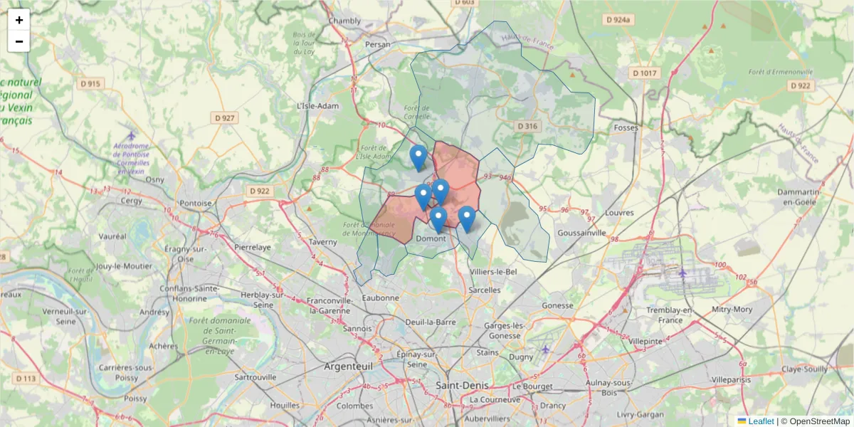 Carte de la zone du code postal  et des codes postaux voisins en France