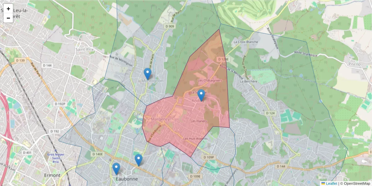 Carte de la zone du code postal  et des codes postaux voisins en France