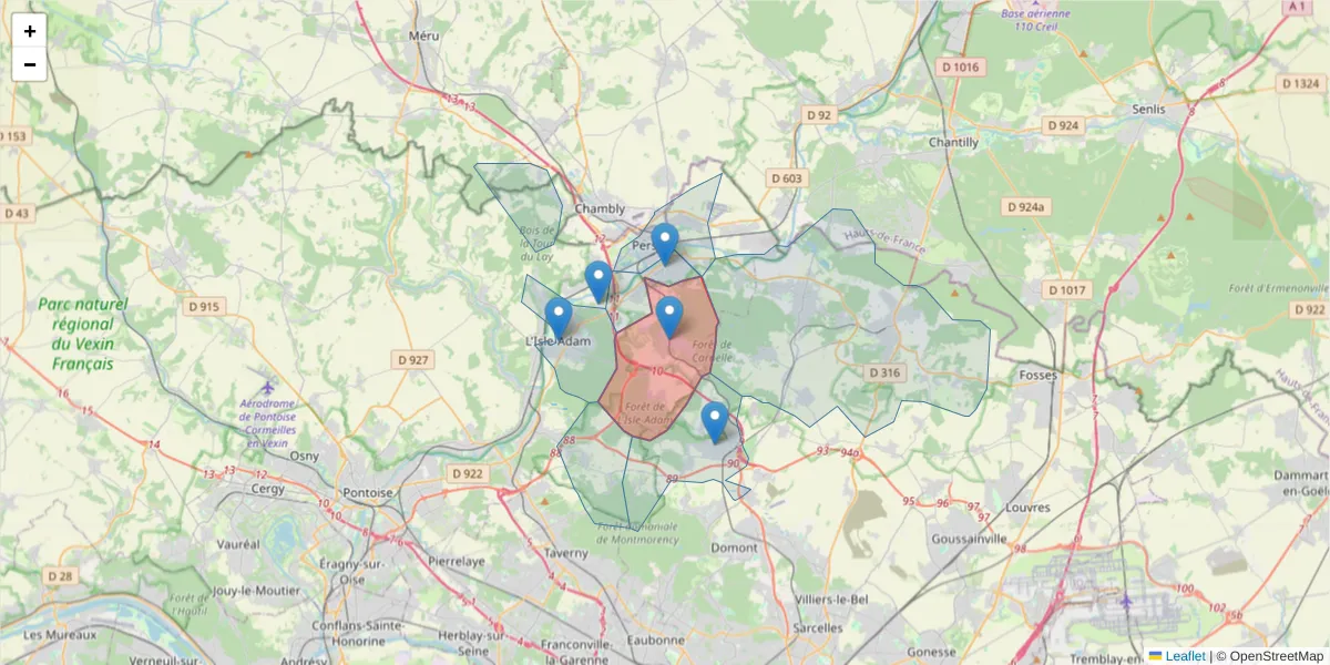 Carte de la zone du code postal  et des codes postaux voisins en France