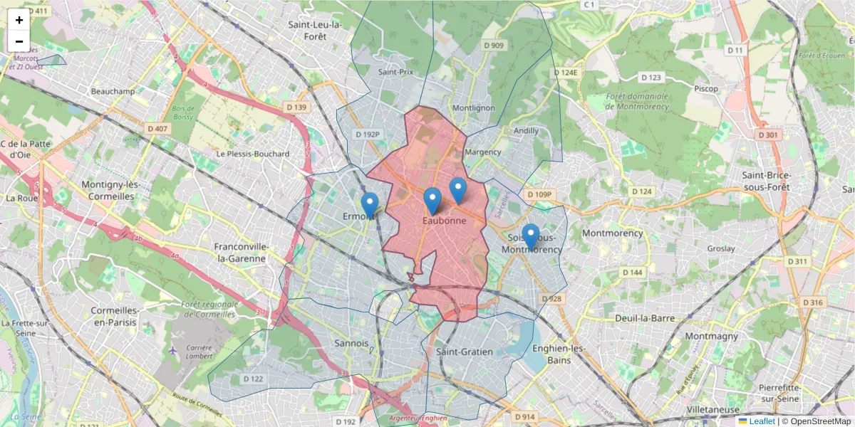 Carte de la zone du code postal  et des codes postaux voisins en France