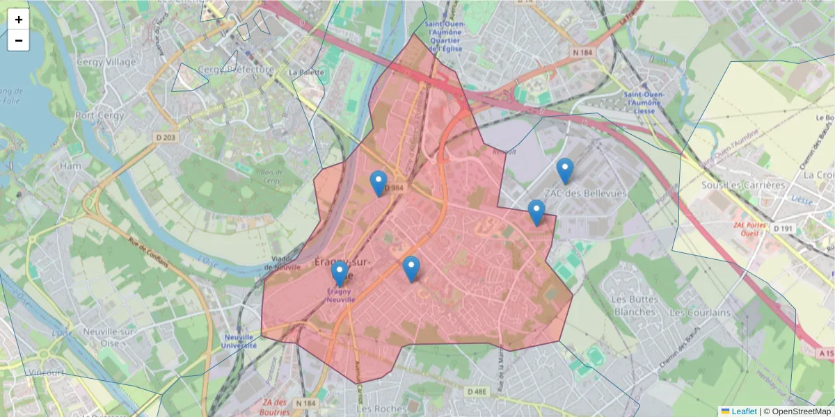 Carte de la zone du code postal  et des codes postaux voisins en France