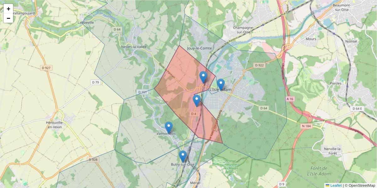 Carte de la zone du code postal  et des codes postaux voisins en France