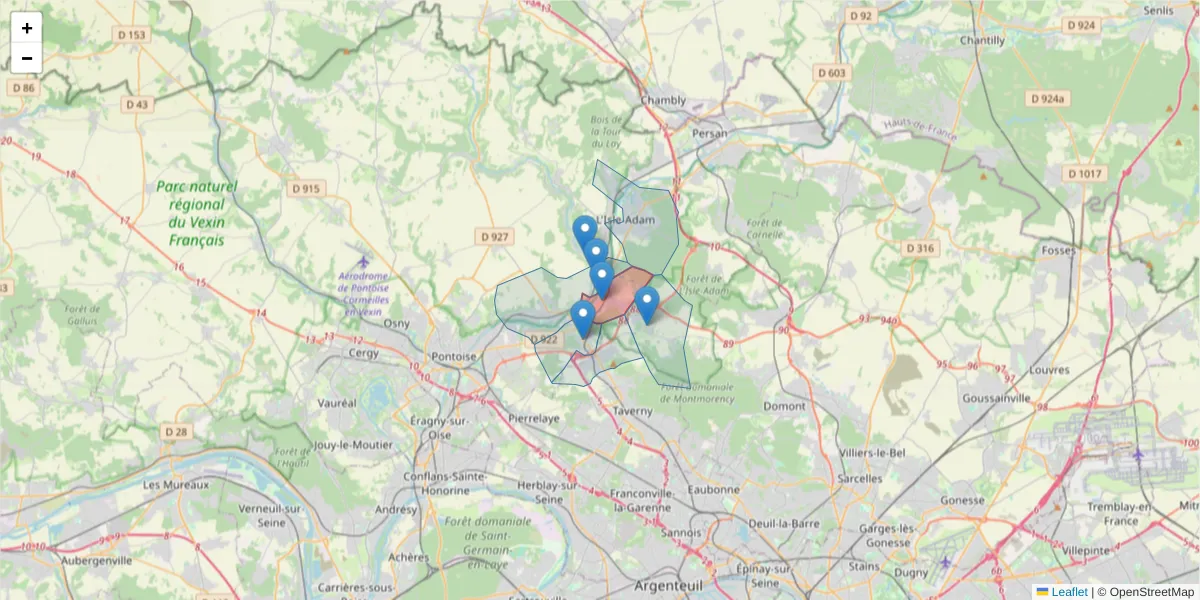 Carte de la zone du code postal  et des codes postaux voisins en France