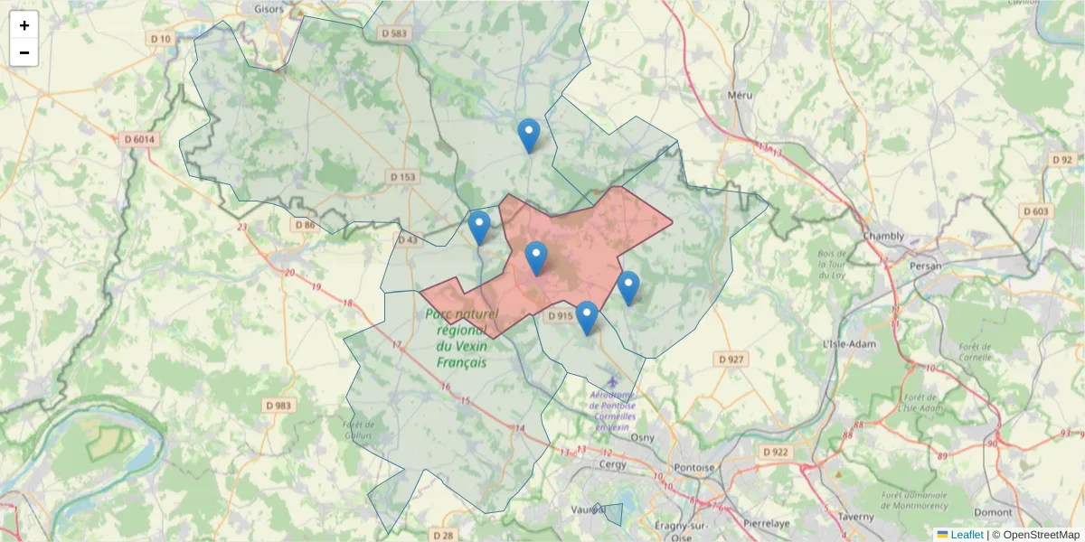 Carte de la zone du code postal  et des codes postaux voisins en France