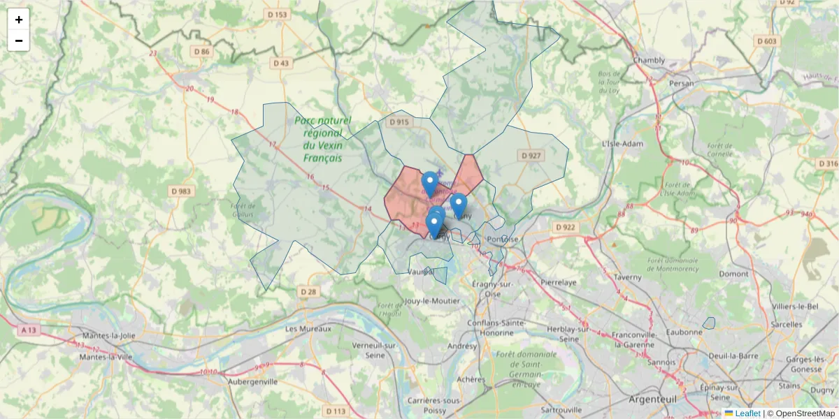 Carte de la zone du code postal  et des codes postaux voisins en France