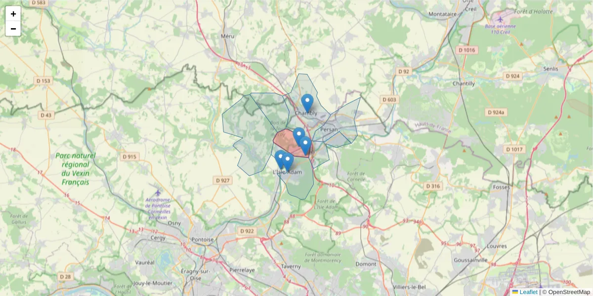 Carte de la zone du code postal  et des codes postaux voisins en France