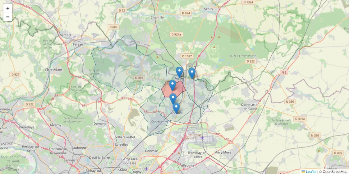 Carte de la zone du code postal  et des codes postaux voisins en France