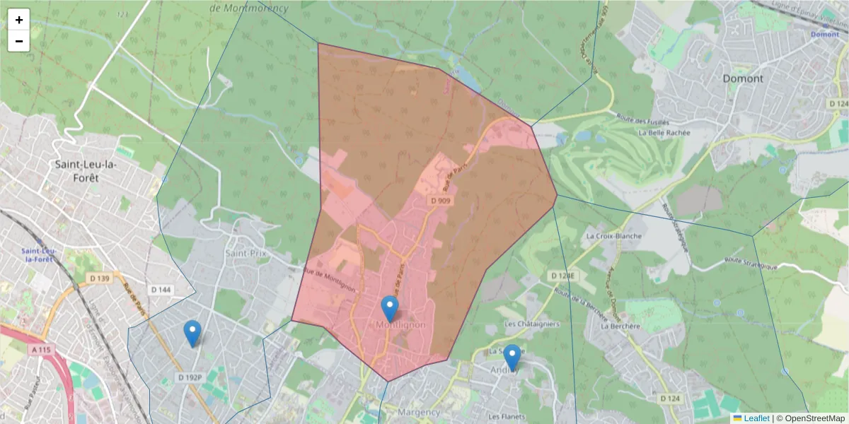 Carte de la zone du code postal  et des codes postaux voisins en France