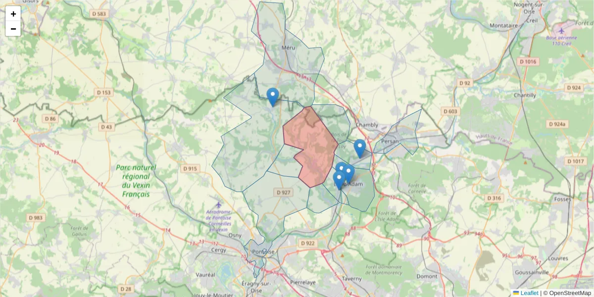 Carte de la zone du code postal  et des codes postaux voisins en France