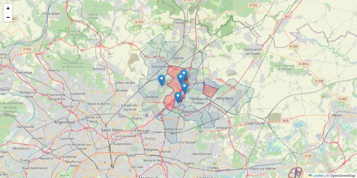 Carte de la zone du code postal  et des codes postaux voisins en France
