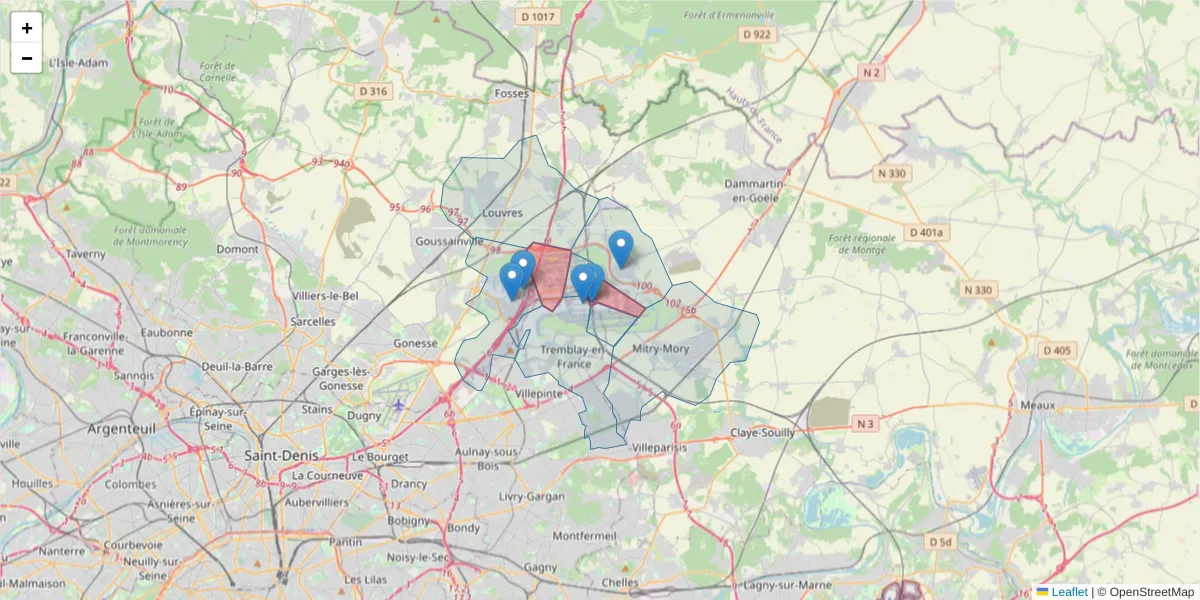 Carte de la zone du code postal  et des codes postaux voisins en France