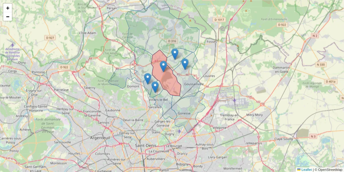 Carte de la zone du code postal  et des codes postaux voisins en France
