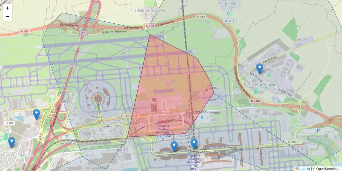 Carte de la zone du code postal  et des codes postaux voisins en France