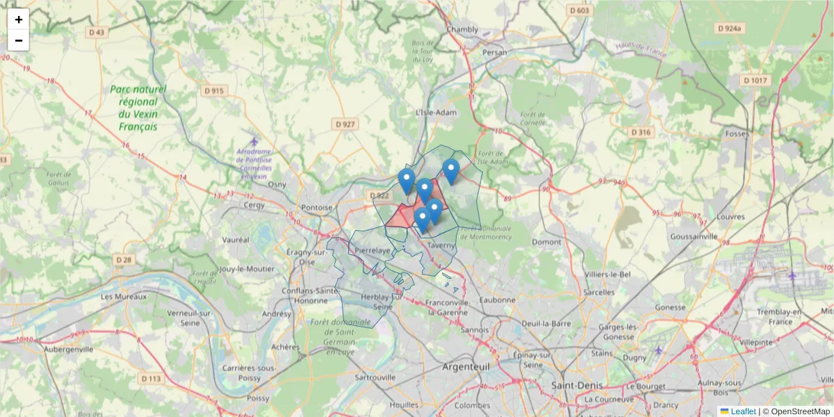 Carte de la zone du code postal  et des codes postaux voisins en France