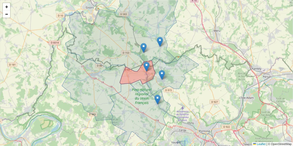 Carte de la zone du code postal  et des codes postaux voisins en France