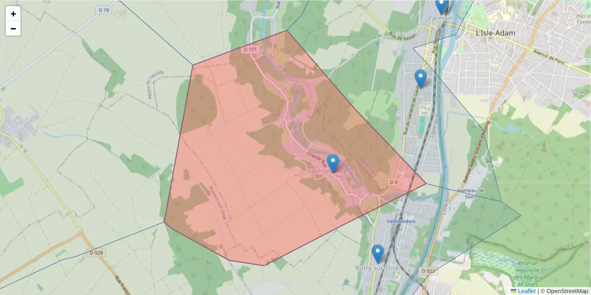 Carte de la zone du code postal  et des codes postaux voisins en France