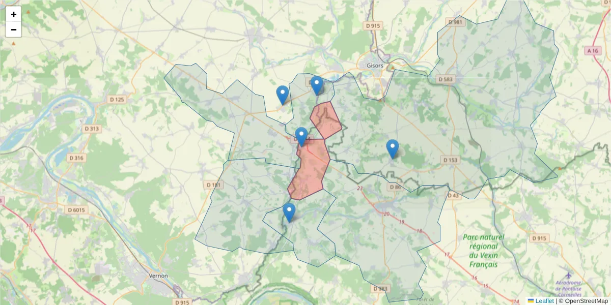 Carte de la zone du code postal  et des codes postaux voisins en France
